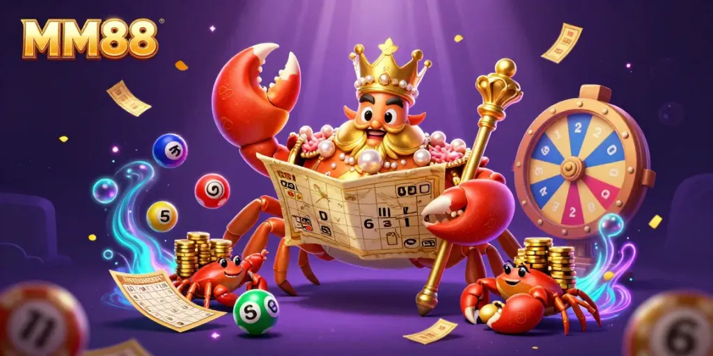 The MM88 casino illustration features a golden crab emperor and lottery elements amidst vibrant casino imagery, showcasing dynamic gaming energy.