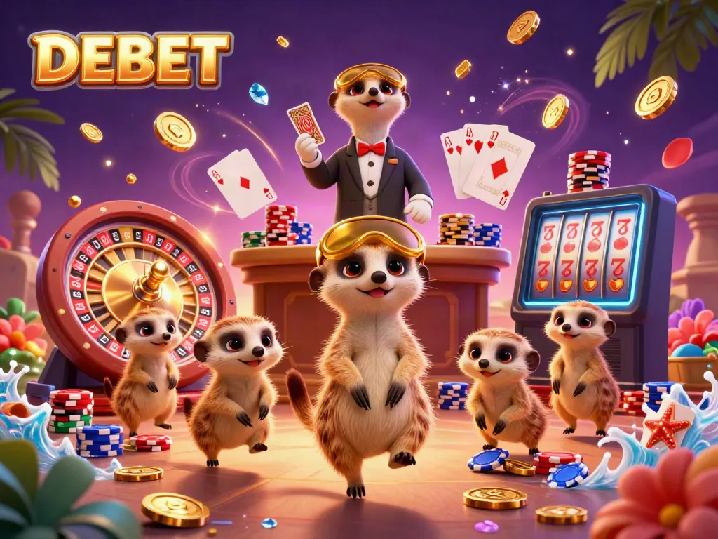 Engage in exciting casino action with DEBET as meerkats run their casino amidst flying coins.