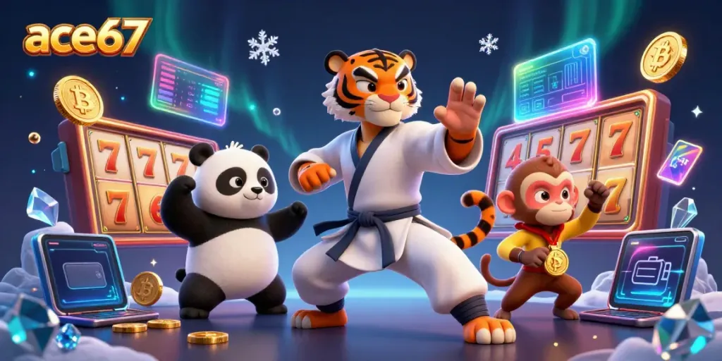 Engage in fun gaming action with ace67 as cartoon characters celebrate casino games.