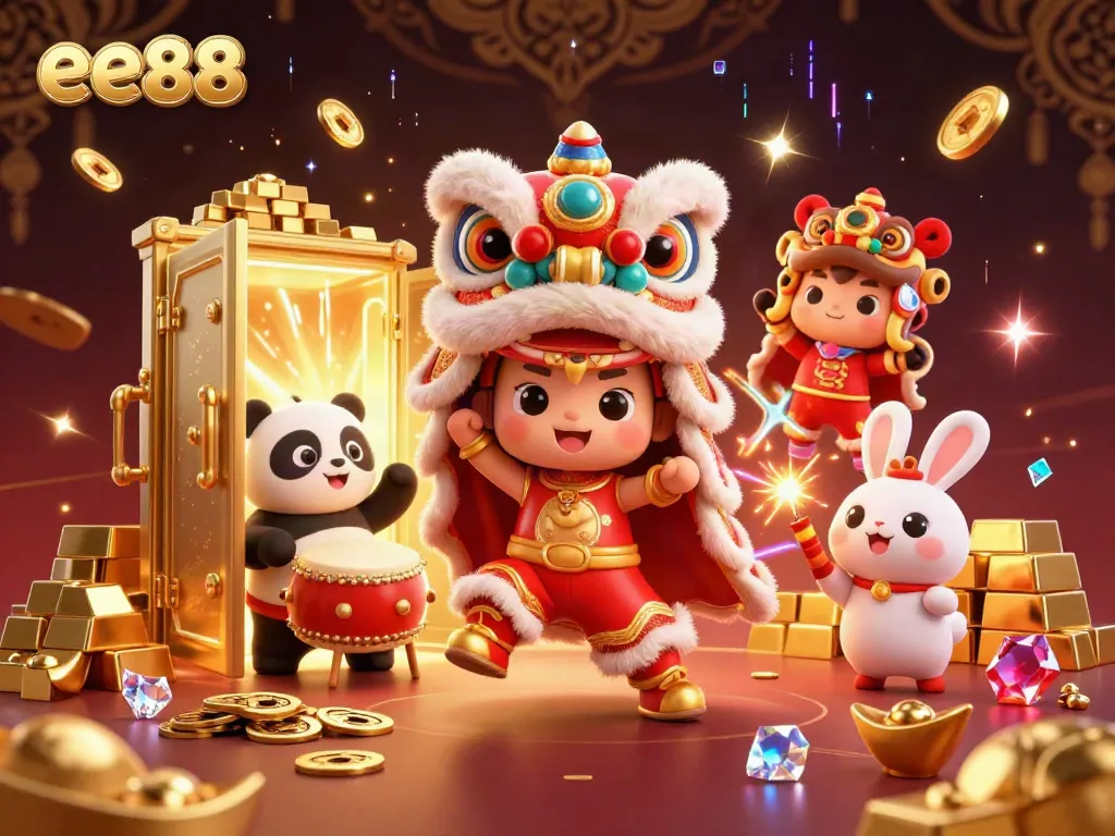 Experience the excitement with ee88, showcasing a lion dance and treasures from a vibrant casino.