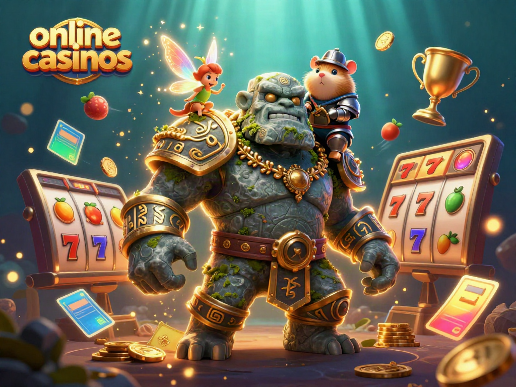 Engage with online casinos as a golem, knight, and fairy celebrate with slot elements and gold.