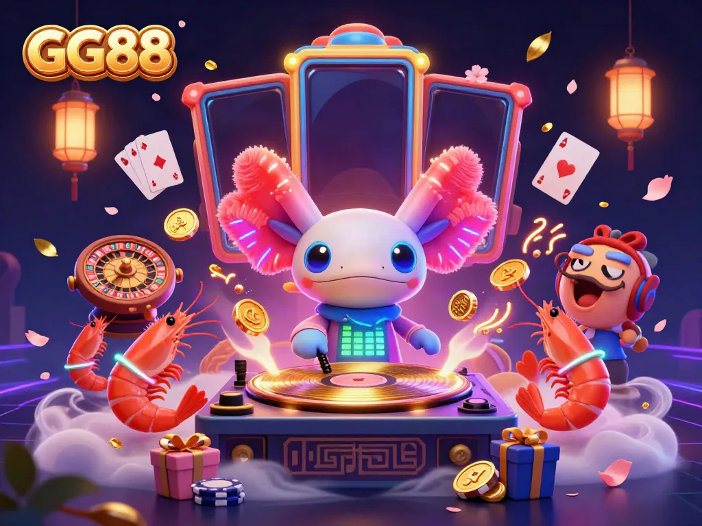Experience the dynamic world of GG88 with a neon axolotl DJ surrounded by vibrant casino elements.