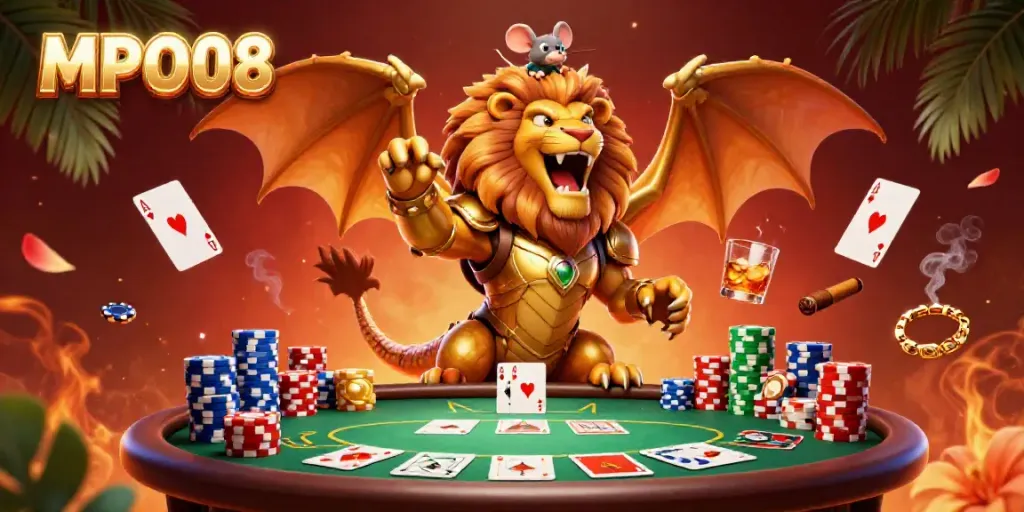 MPO08 offers a thrilling casino experience with a roaring chimera and vibrant poker elements surrounding it.