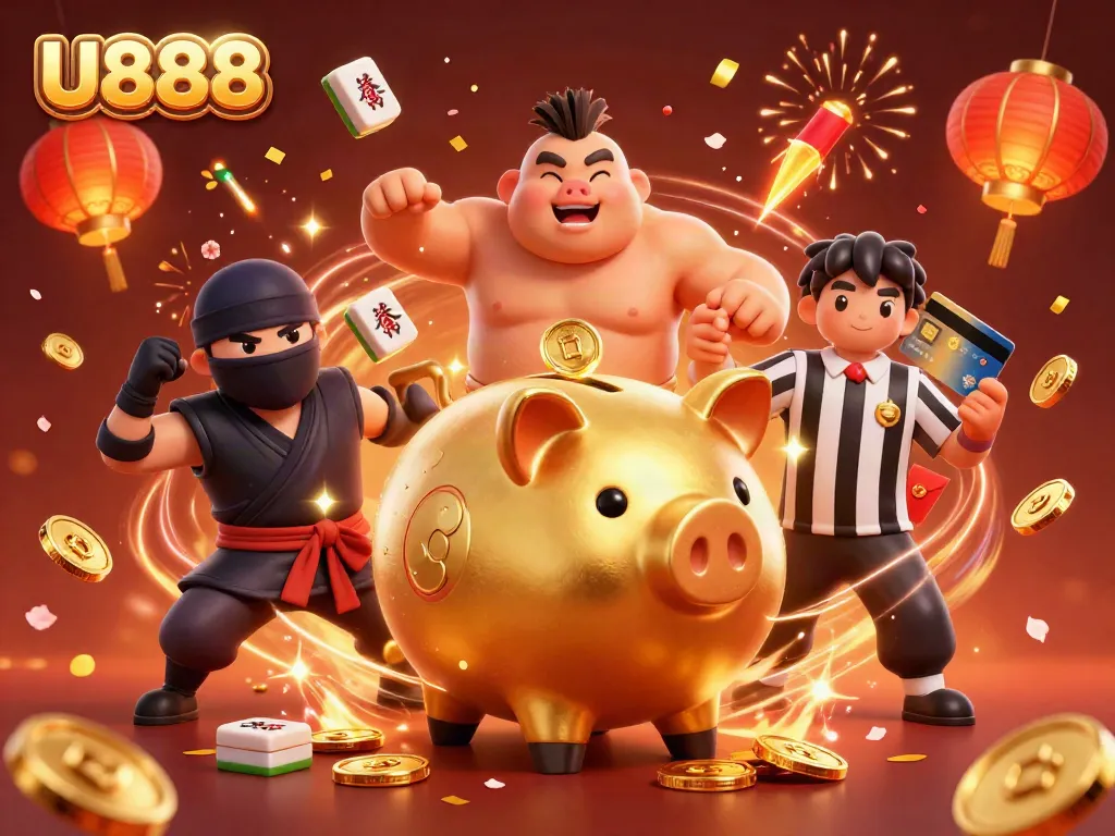 U888 features an energetic casino scene involving a golden piggy bank sumo wrestler, while dynamic game elements celebrate the online platform.