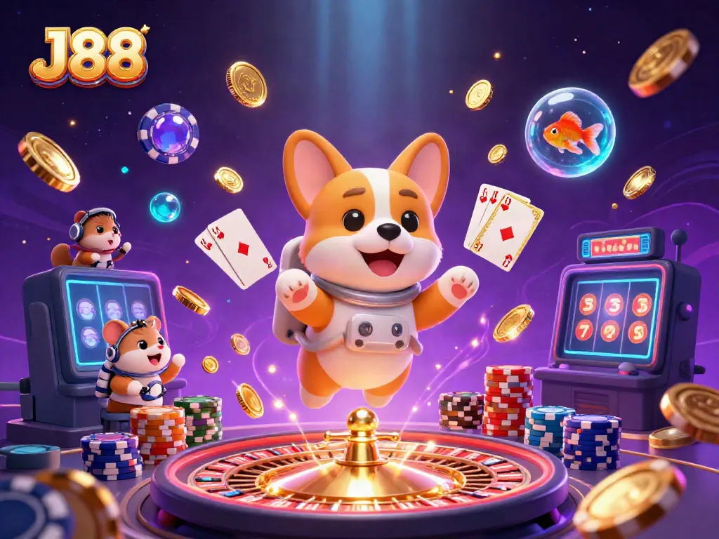 Experience J88 in a vibrant casino scene with floating coins, cards, and exciting characters