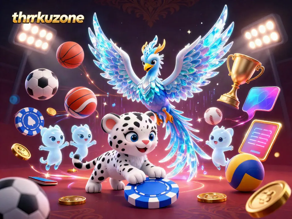 Engage with the vibrant gaming atmosphere at thrkuzone featuring a dynamic 3D phoenix and playful characters.