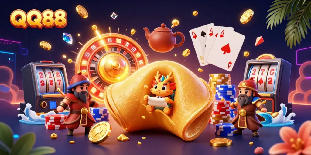 Experience winning strategies with QQ88's dynamic gaming universe in this vibrant illustration.