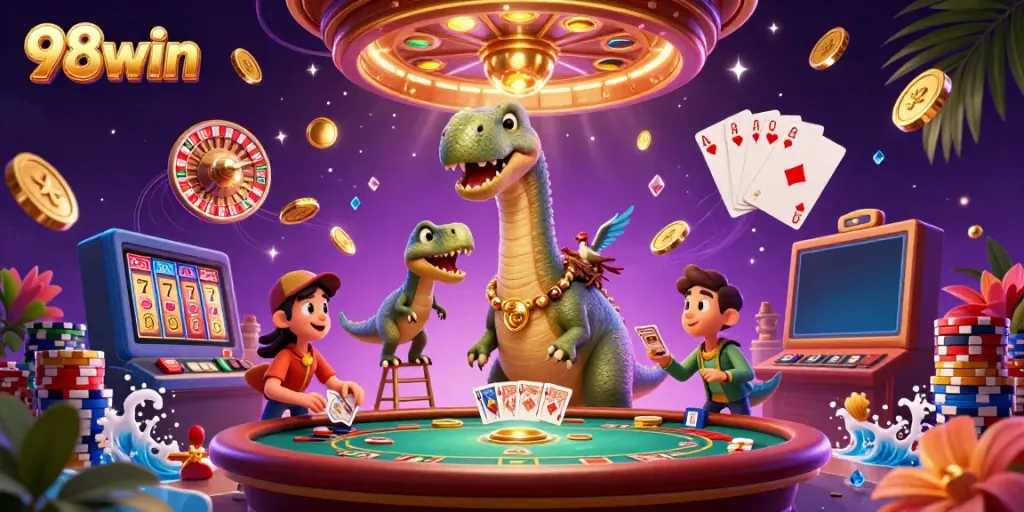 Experience the excitement of online gambling with a vibrant 98win illustration featuring a whimsical brontosaurus in a casino.