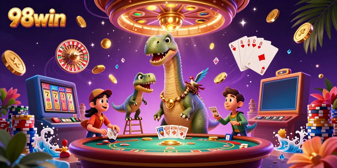 Experience the excitement of online gambling with a vibrant 98win illustration featuring a whimsical brontosaurus in a casino.