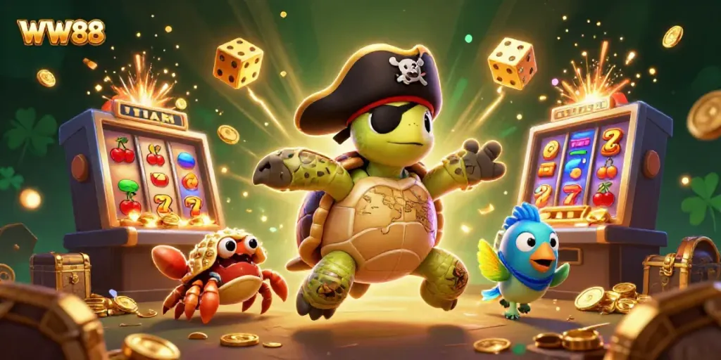 WW88 pirate turtle and friends celebrating jackpot wins in a vibrant casino scene