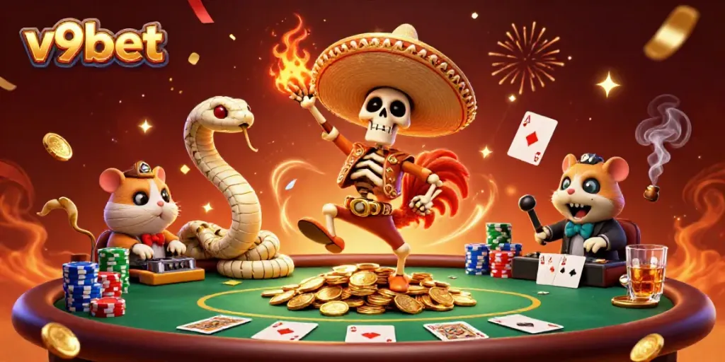 Celebrate at v9bet with a dynamic scene featuring a mariachi rooster, mummy snake, and hamster DJ amidst poker elements.