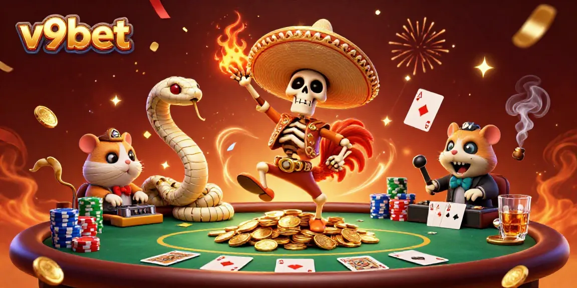 Celebrate at v9bet with a dynamic scene featuring a mariachi rooster, mummy snake, and hamster DJ amidst poker elements.