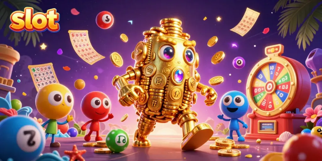 Experience the thrill of slots with a vibrant illustration of a golden golem amidst dynamic casino elements.
