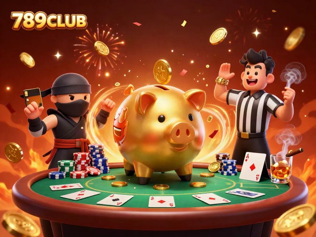 Engage in thrilling gameplay at 789CLUB with a dynamic scene featuring a sumo piggy bank, ninja wallet, and samurai referee.