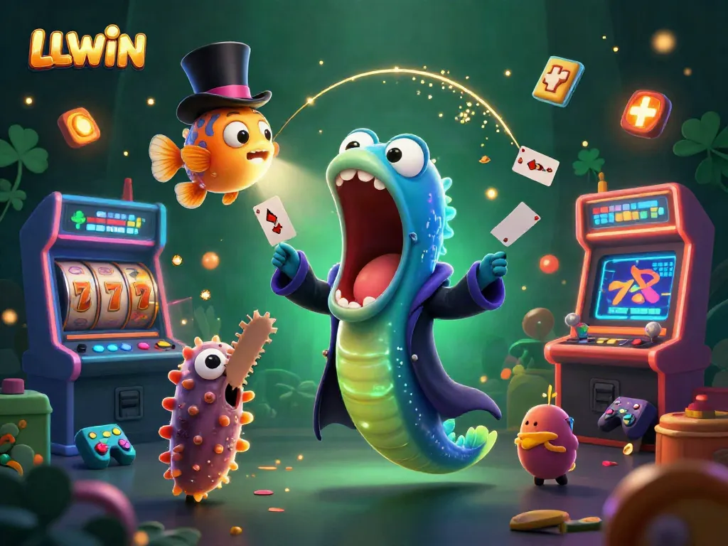 LLWIN showcases a bioluminescent eel magician with vibrant casino elements in an enchanting underwater scene.