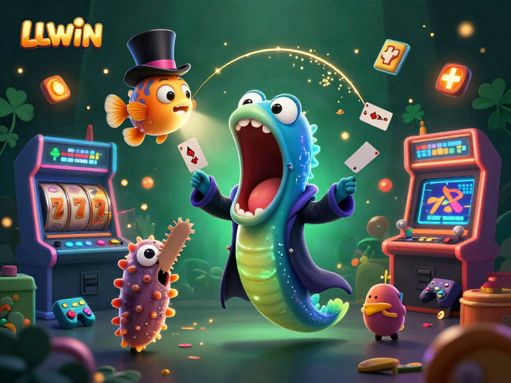 LLWIN showcases a bioluminescent eel magician with vibrant casino elements in an enchanting underwater scene.