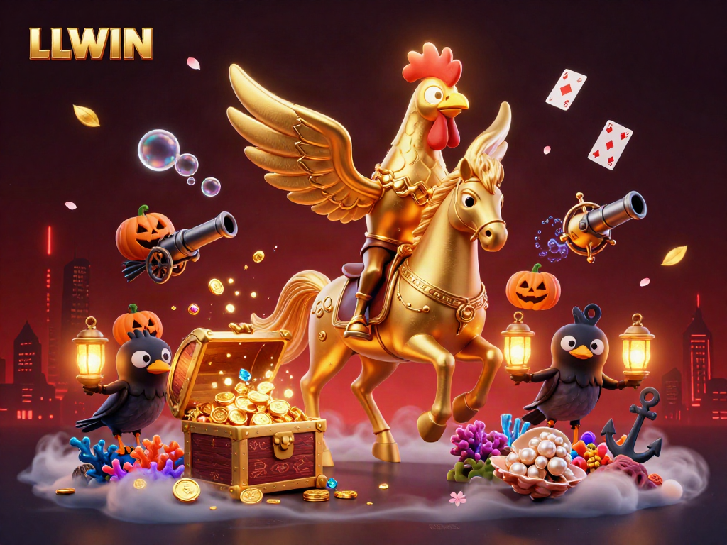 Experience thrilling gameplay at LLWIN with a golden rooster and spectral horse in a vibrant casino scene.