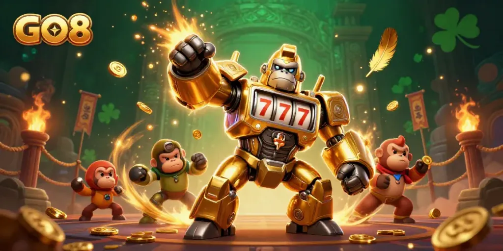 Experience the excitement of GO8 with a powerful golden gorilla mech amidst a dramatic casino scene.