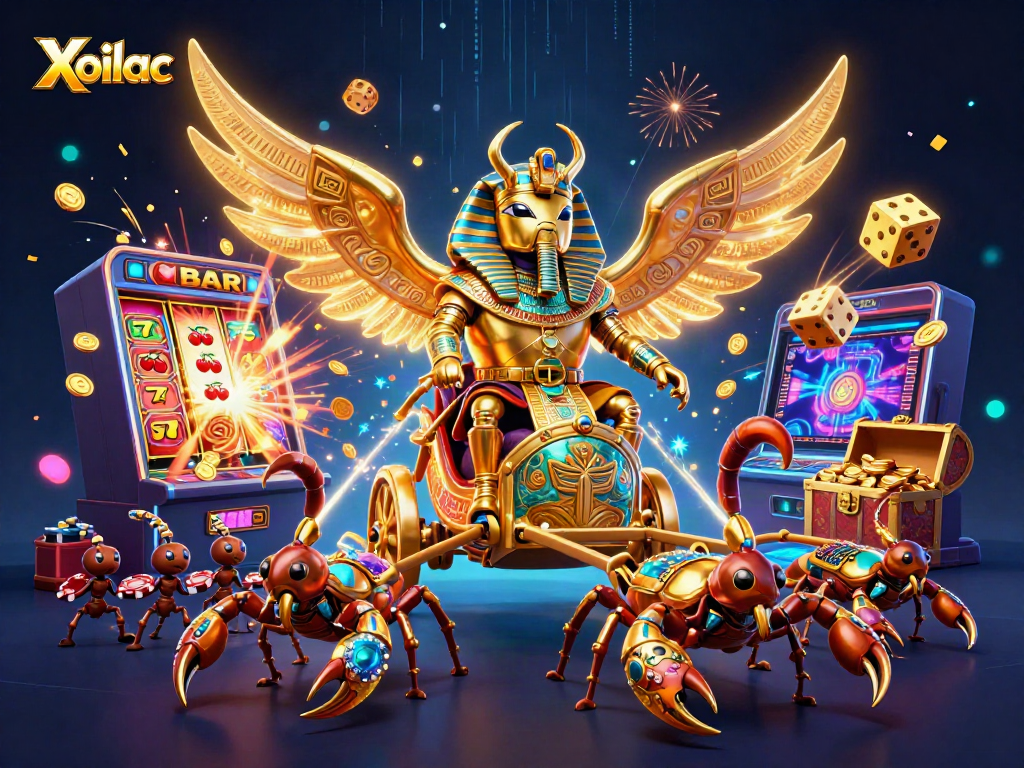 Xoilac sports channel showcasing vibrant 3D slot machine scene with golden beetle characters and dynamic casino elements.