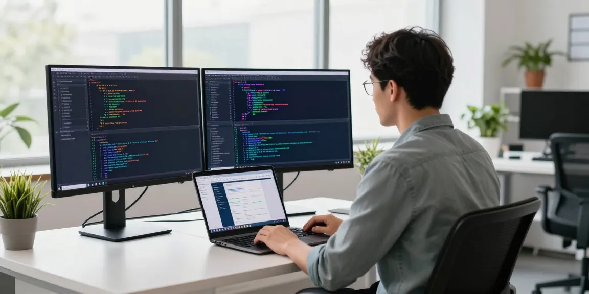 Developer coding APK files in a modern office workspace with dual monitors and a laptop.
