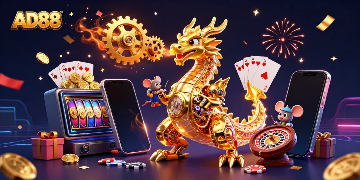 Engage with AD88 in a thrilling casino adventure featuring a golden dragon and slot games.