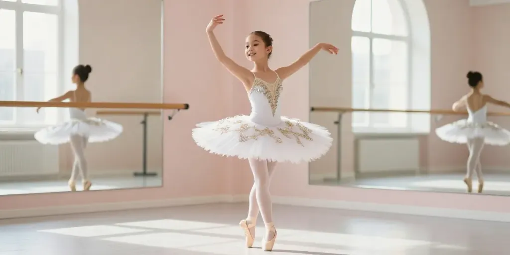Gracious young dancer in a tutu showcasing movement at tutu-store.com.