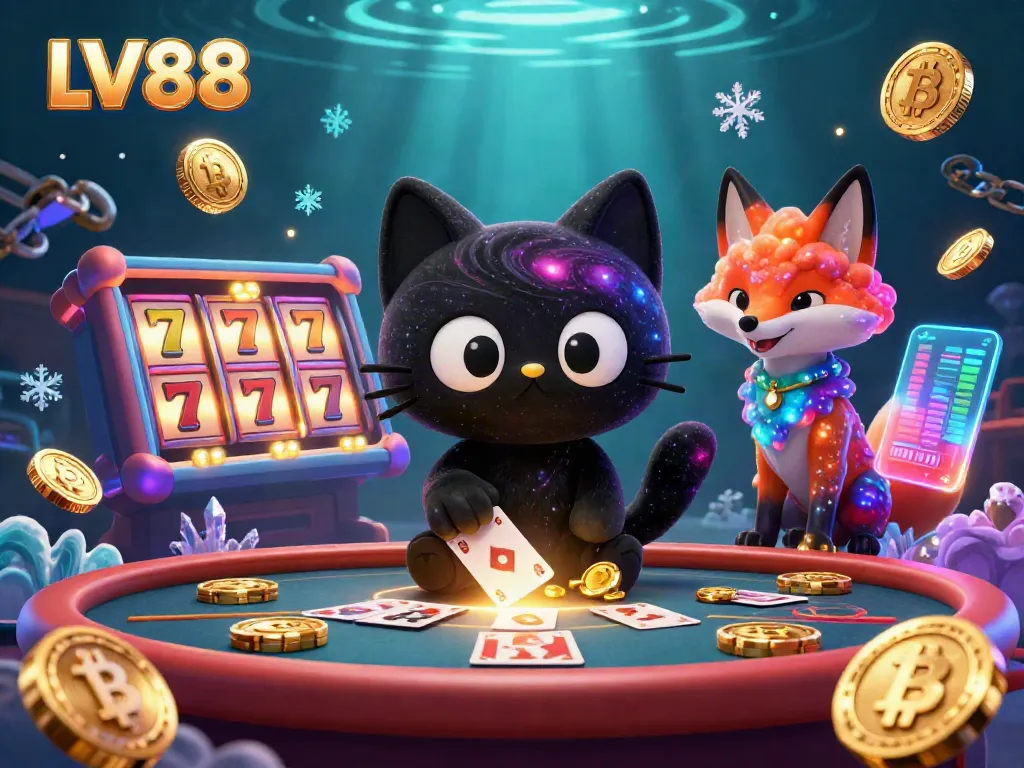 Experience LV88's dynamic casino scene with a cosmic cat and fox among slot games and glowing cryptocurrencies.