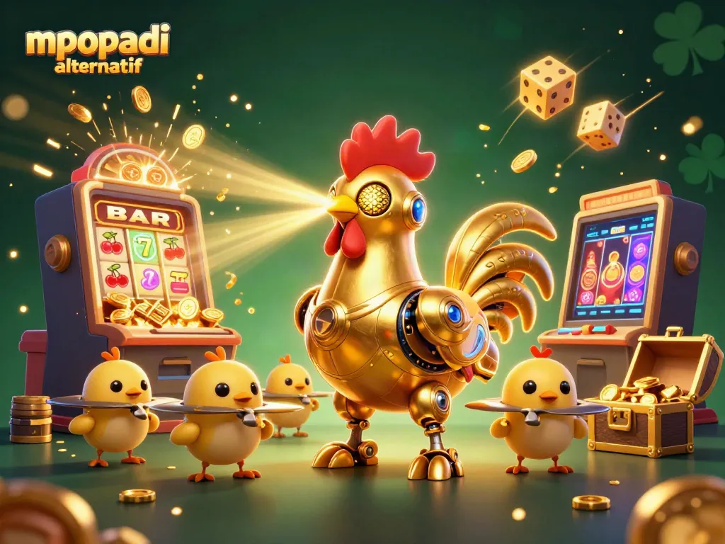 Experience the excitement of mpopadi alternatif with vibrant golden rooster robot and dynamic slot machine elements.