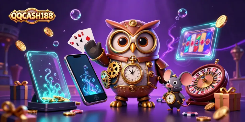 Engage with QQCASH188, featuring a 3D cartoon owl and mouse in a vibrant casino scene filled with games.