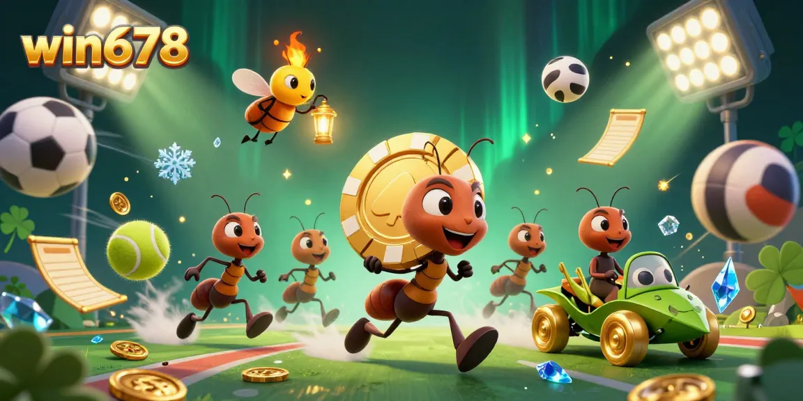 Action-packed scene of win678's 3D cartoon ants stealing a giant poker chip amidst gold coins and sports elements.