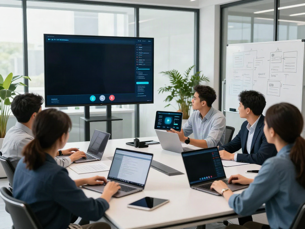 Team engaged in deepfake protected conferencing with advanced technology in a modern office.