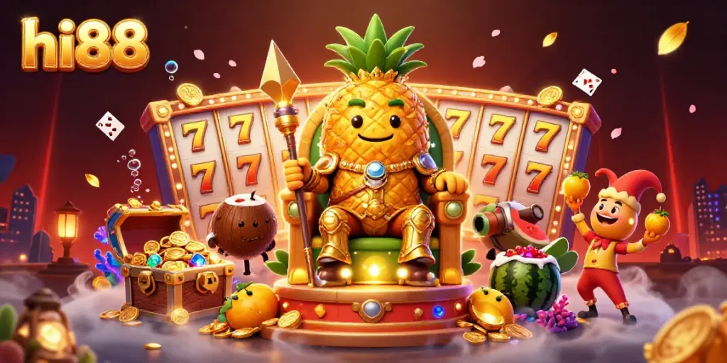 Experience thrilling gaming at hi88 with a vibrant 3D illustration featuring exciting slots and casino characters.