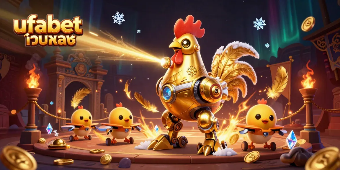 Experience exciting gameplay at ufabet เว็บตรง with a vibrant golden rooster robot, drones, and immersive casino elements.