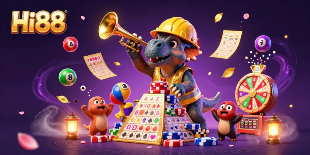 Experience exciting gaming with Hi88's vibrant casino scene featuring fun characters.