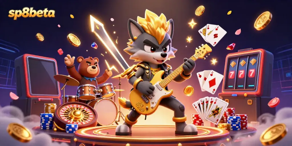 Engage with thrilling gameplay at sp8beta featuring vibrant 3D casino characters, golden coins, and a dynamic roulette wheel.