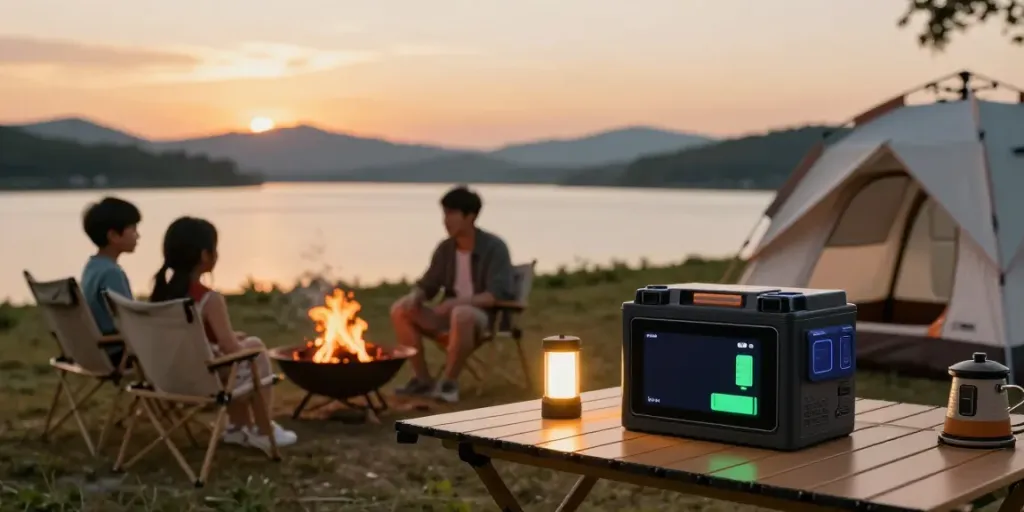 A family camping with a 12v lithium battery powering devices by a serene lake at sunset.