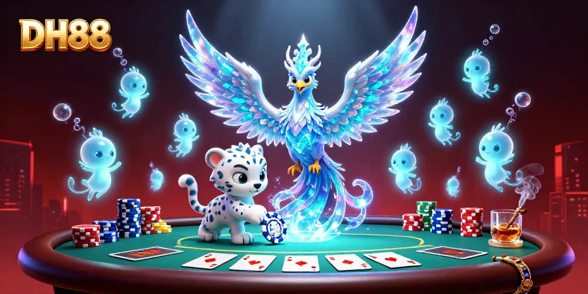 Experience thrilling poker action with DH88 as the ice phoenix and snow leopard engage around a vibrant poker table.