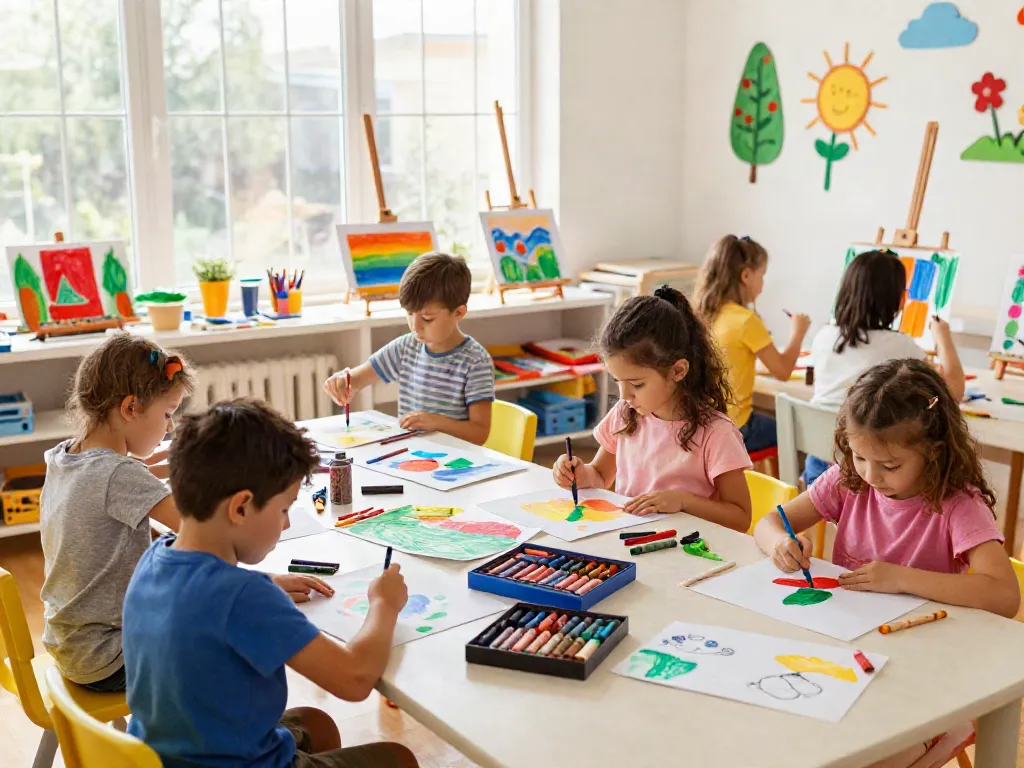 Inspiring art classroom with children using various crayon types, showcasing a creative atmosphere and colorful drawings, highlighting Crayon supplier products.