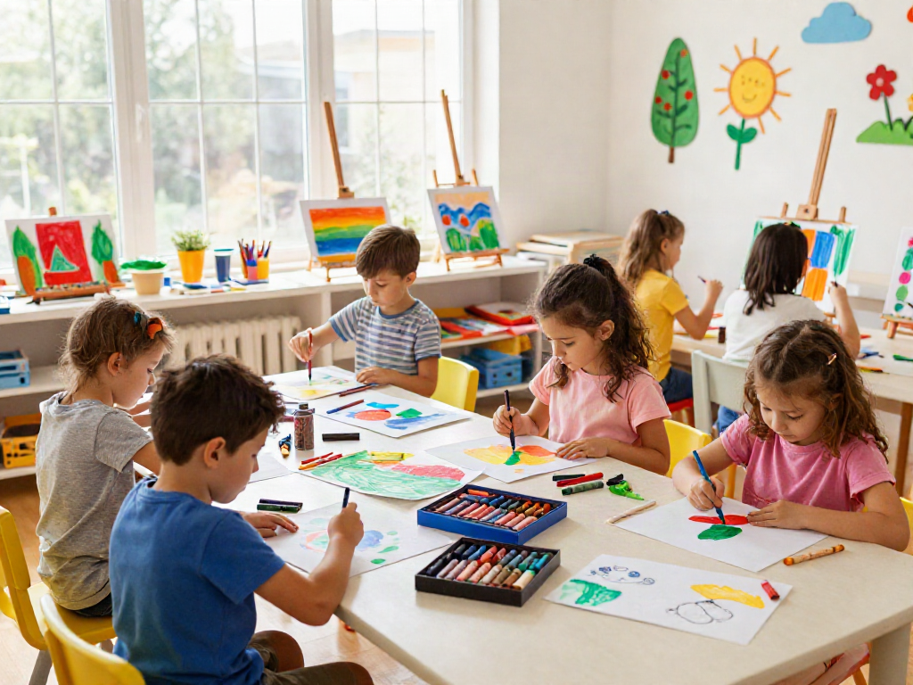 Inspiring art classroom with children using various crayon types, showcasing a creative atmosphere and colorful drawings, highlighting Crayon supplier products.