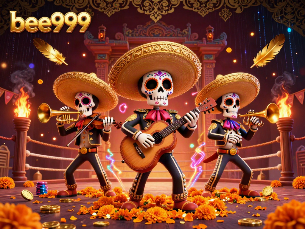 Experience the lively action of bee999 with a festive mariachi band surrounded by vibrant gambling elements.