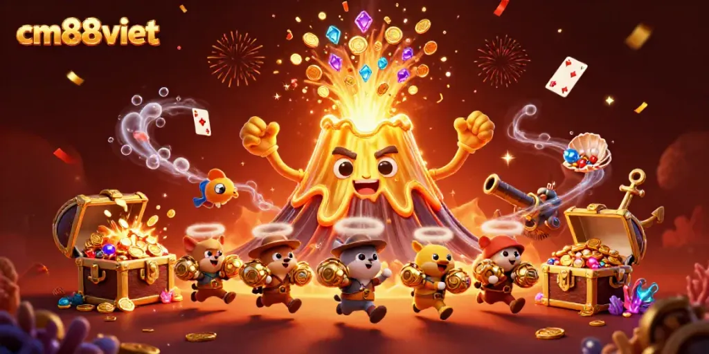 Experience thrilling wins at cm88viet with a colorful eruption of coins and treasures in a vibrant casino setting.