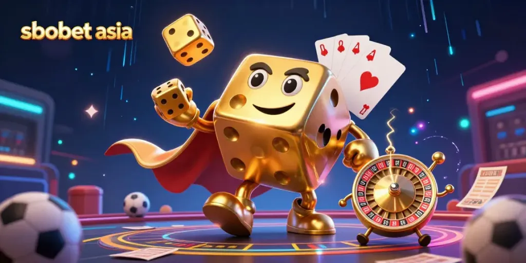 Engage in sbobet asia sports betting with a dynamic 3D illustration featuring golden dice, sports balls, and vibrant casino elements.