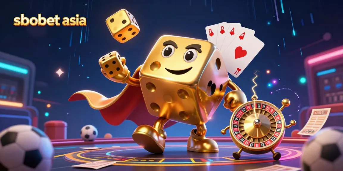 Engage in sbobet asia sports betting with a dynamic 3D illustration featuring golden dice, sports balls, and vibrant casino elements.