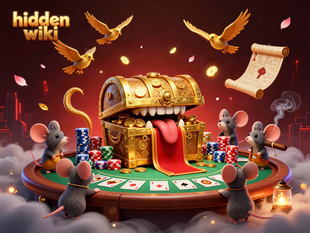 Engaging hidden wiki scene with treasure chest and poker dynamics showcasing casino excitement.
