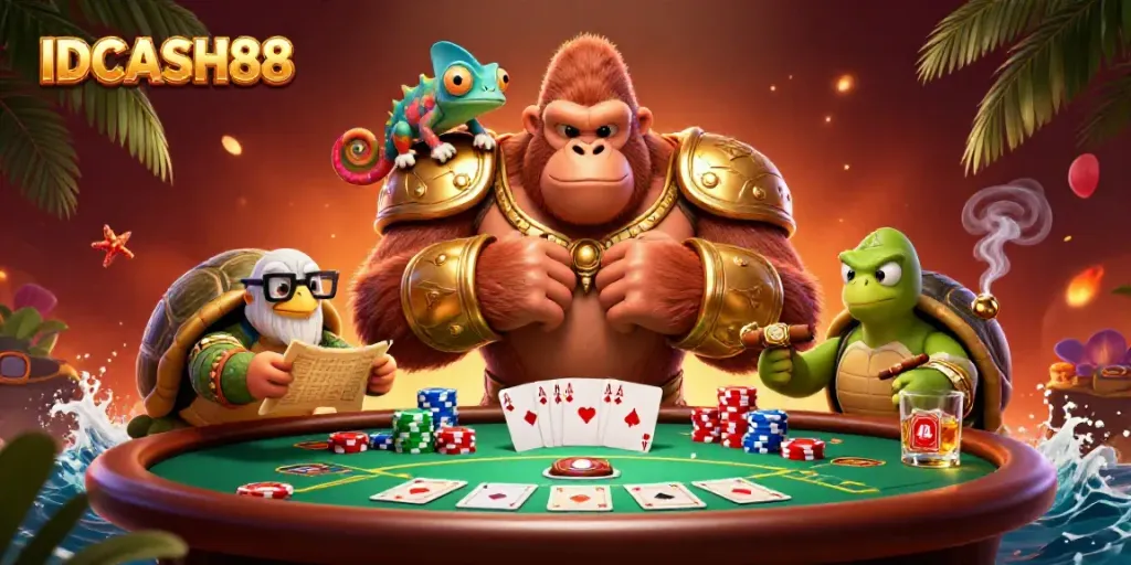 Engage with the IDCASH88 experience featuring a gorilla king, chameleon, and tortoise at a vibrant poker table.