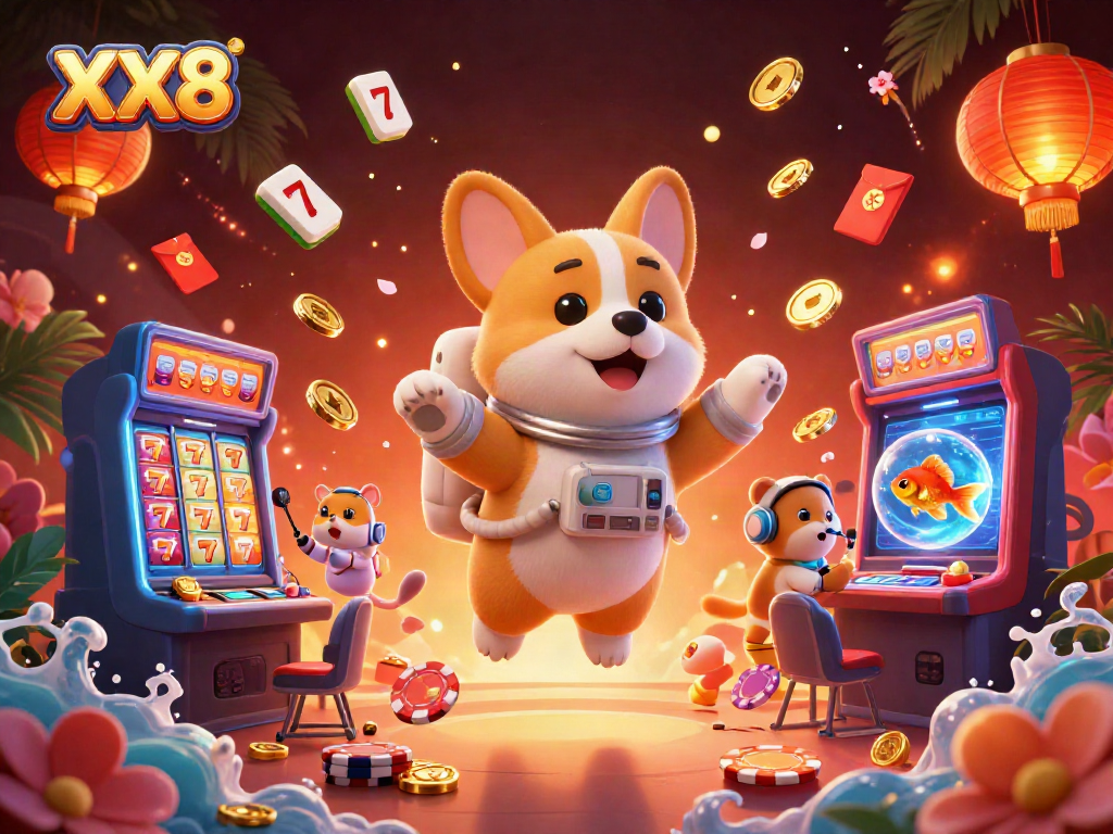 Immerse in the excitement with XX8 as a floating corgi astronaut navigates a vibrant casino environment filled with lucky symbols.