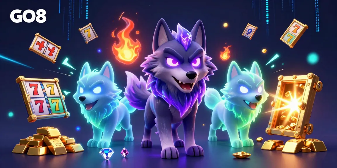 Experience the excitement of GO8 casino with a dazzling 3D illustration showcasing vibrant game elements and a powerful wolf.