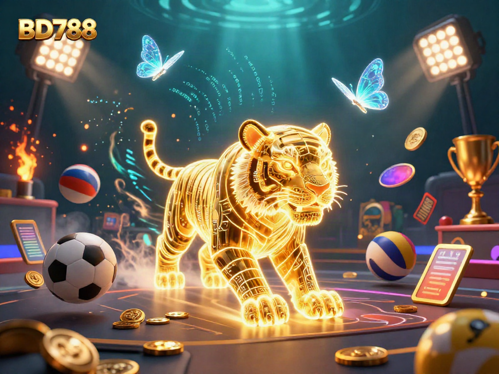 Experience BD788 with a vibrant scene featuring a golden tiger and sports-themed elements in a digital casino.