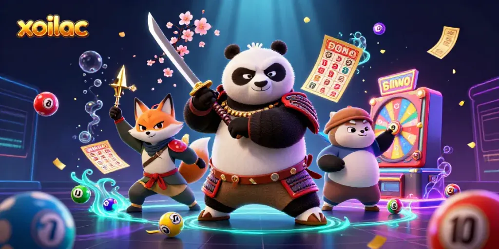 Engage with xoilac's vibrant 3D illustration featuring dynamic cartoon characters amid colorful lottery elements.