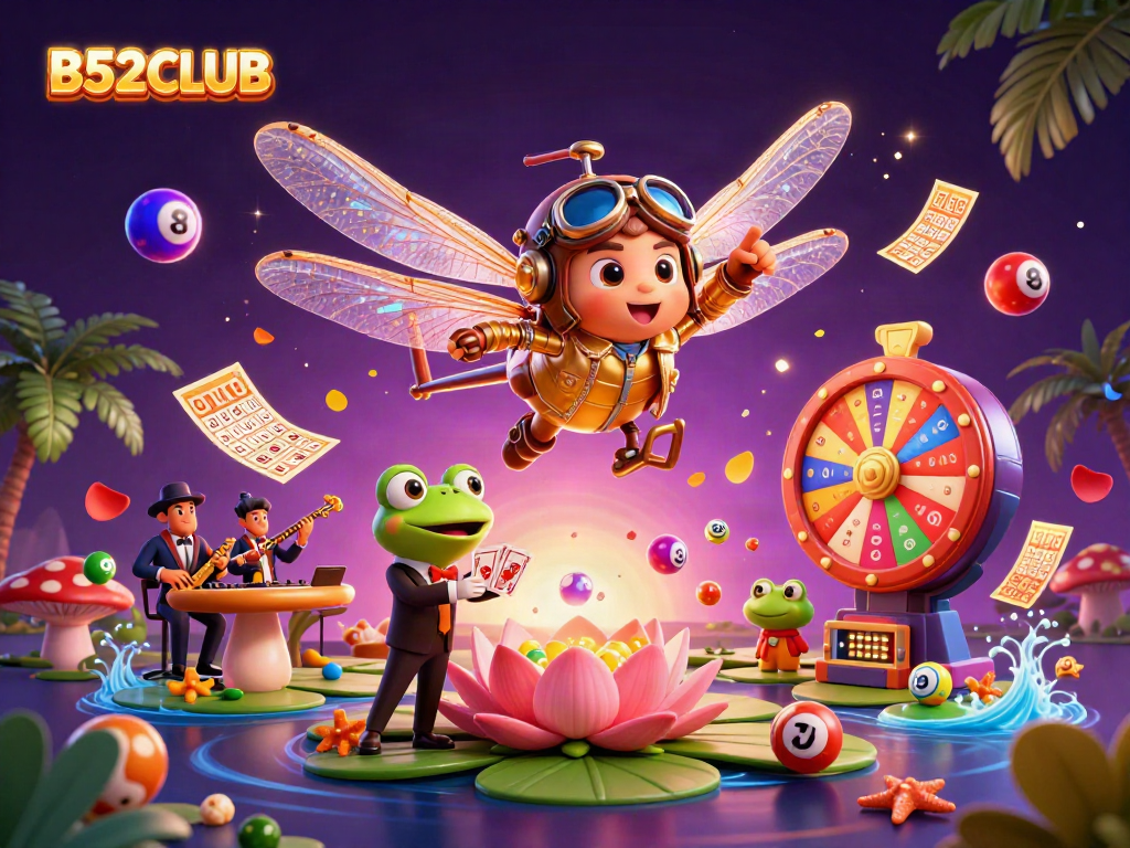 Join the fun at B52CLUB with a lively casino scene featuring a dragonfly pilot!